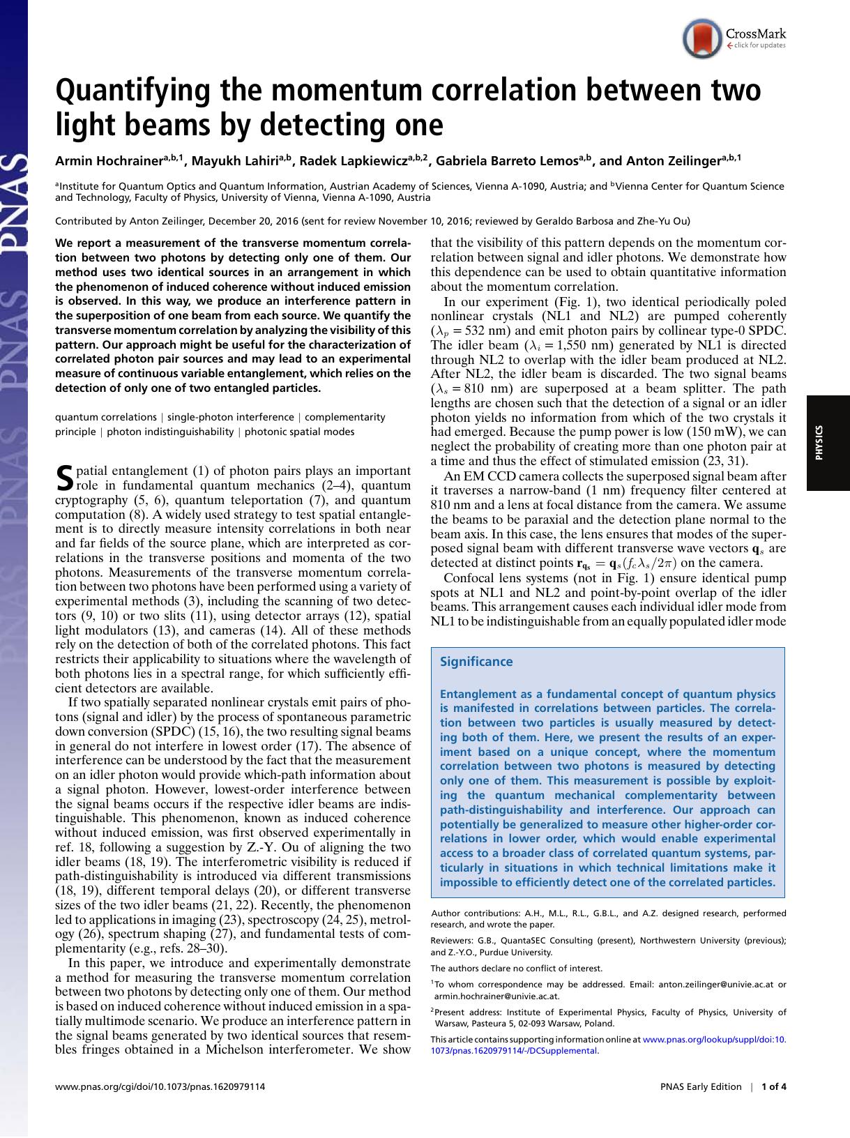 Quantifying the momentum correlation between two light beams by detecting one