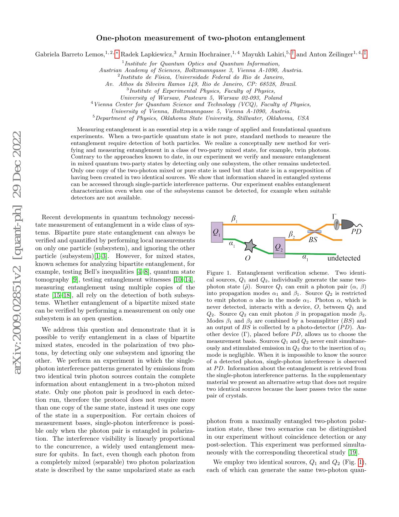 One-photon measurement of two-photon entanglement (2020)