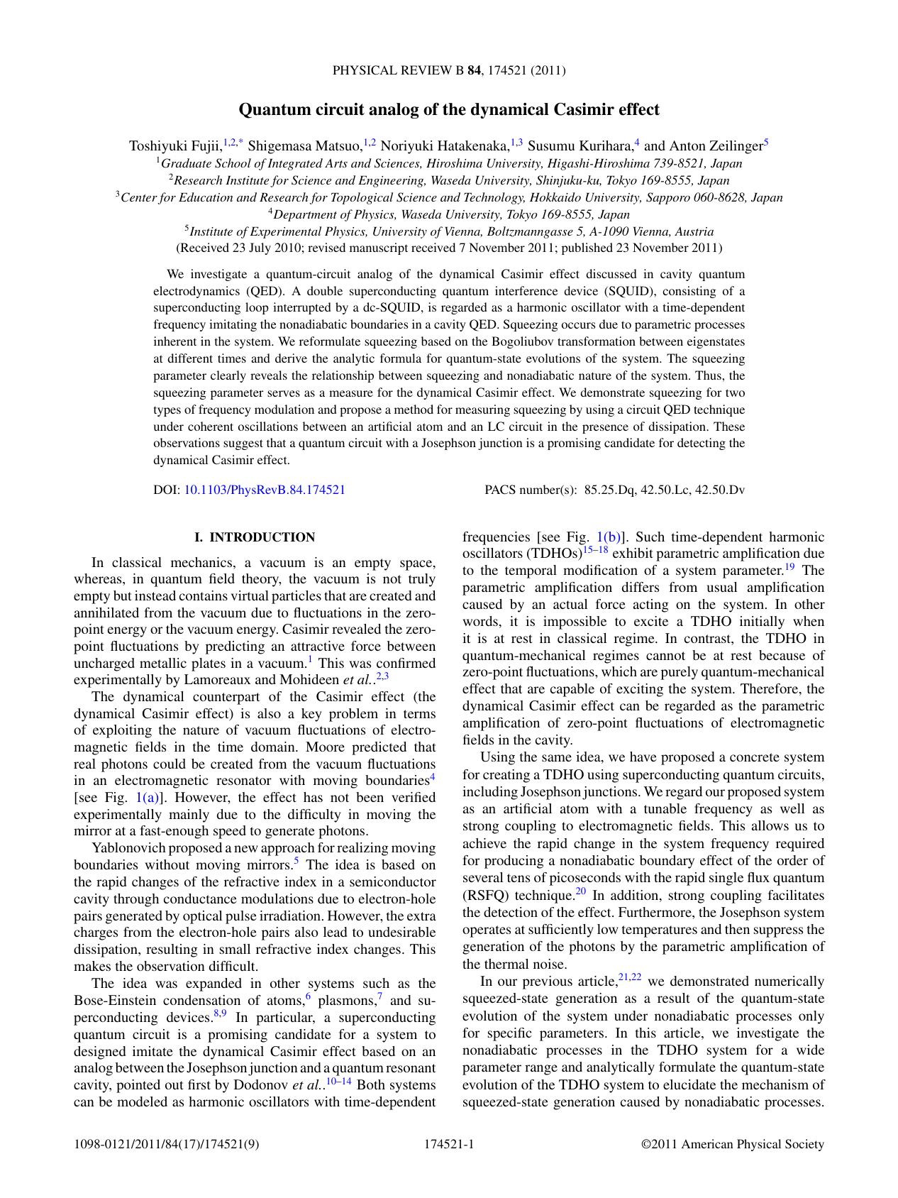 Quantum circuit analog of the dynamical Casimir effect (2011)