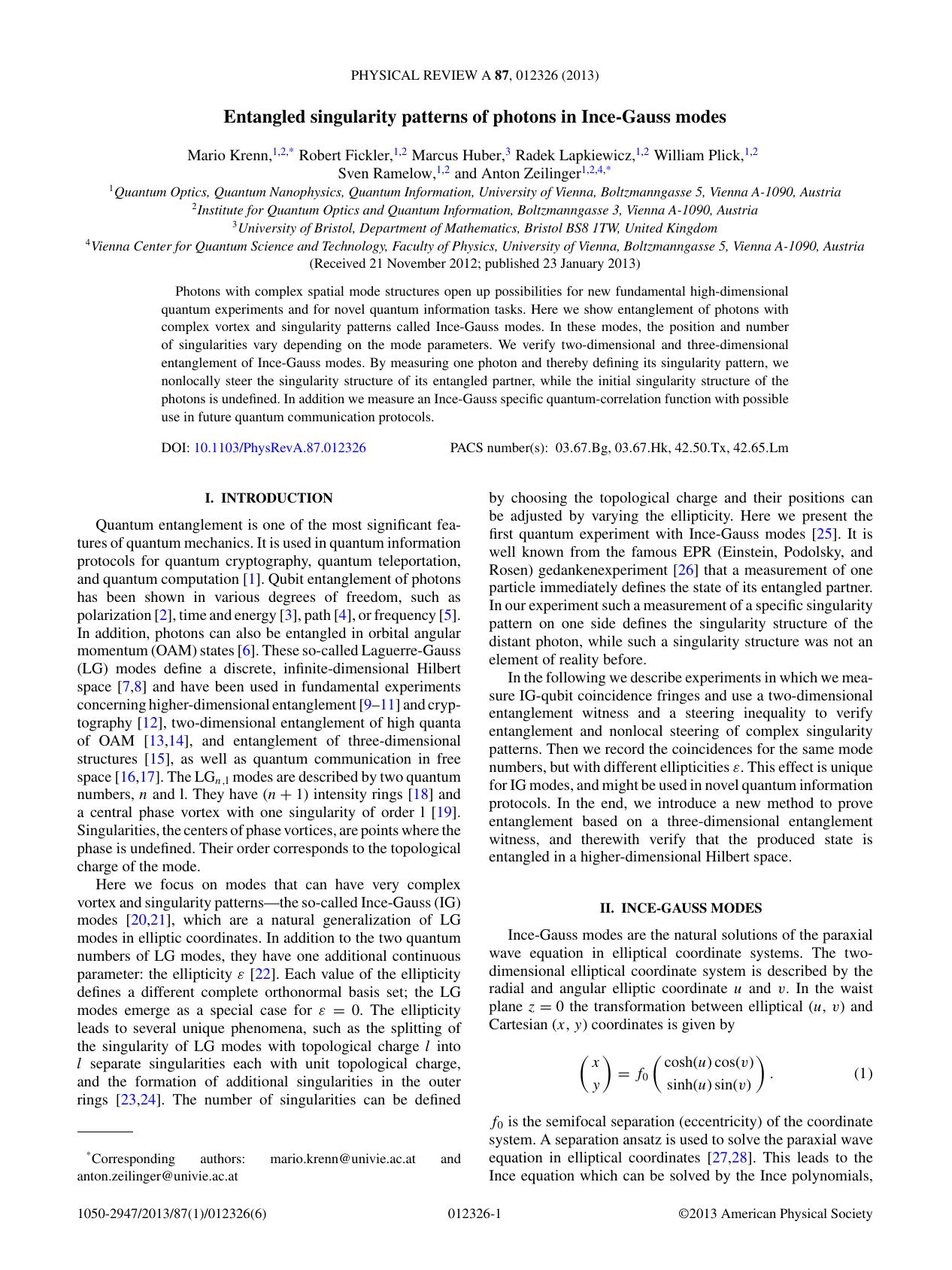 Entangled singularity patterns of photons in Ince-Gauss modes (2013)