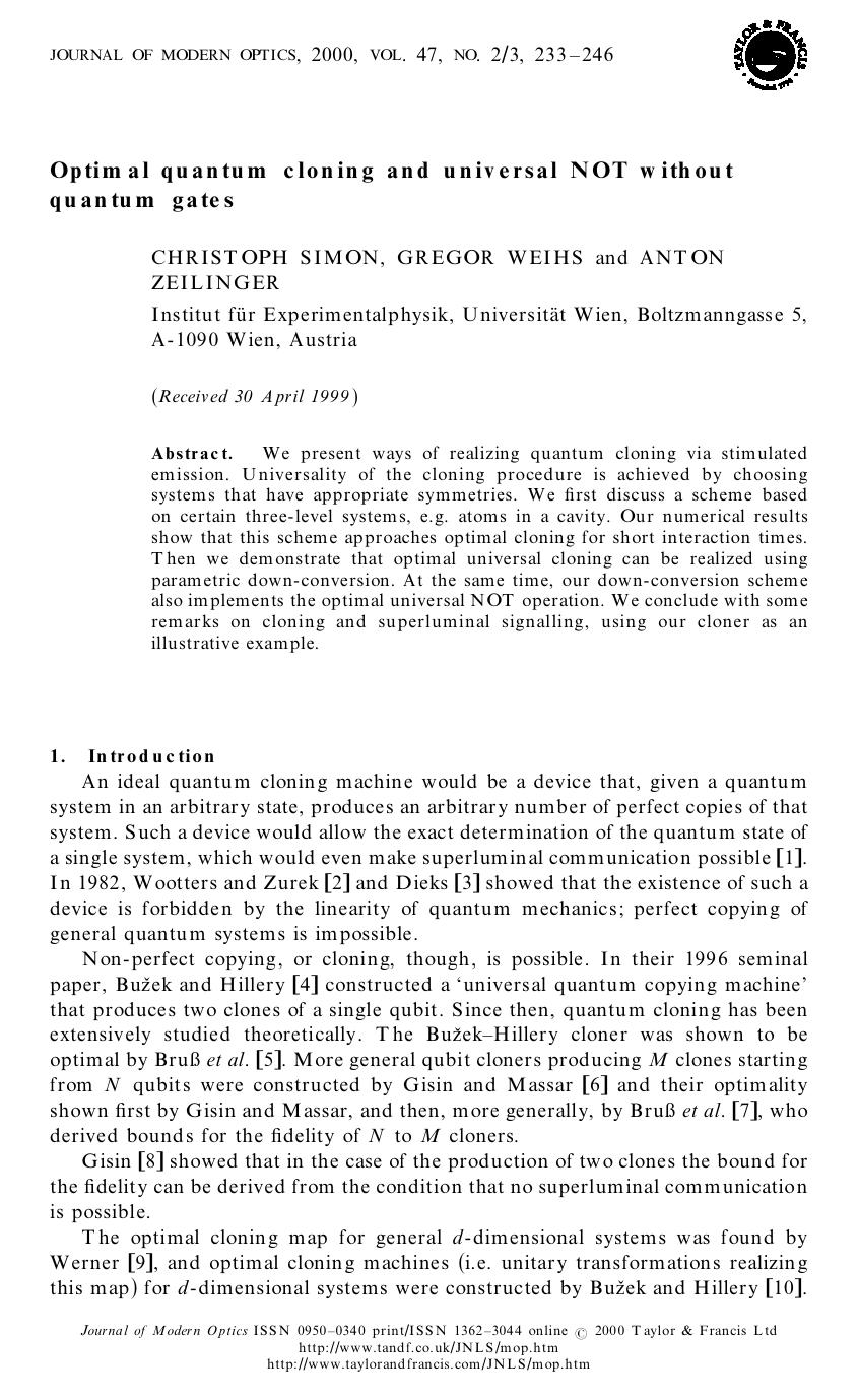 Optimal quantum cloning and universal NOT without quantum gates