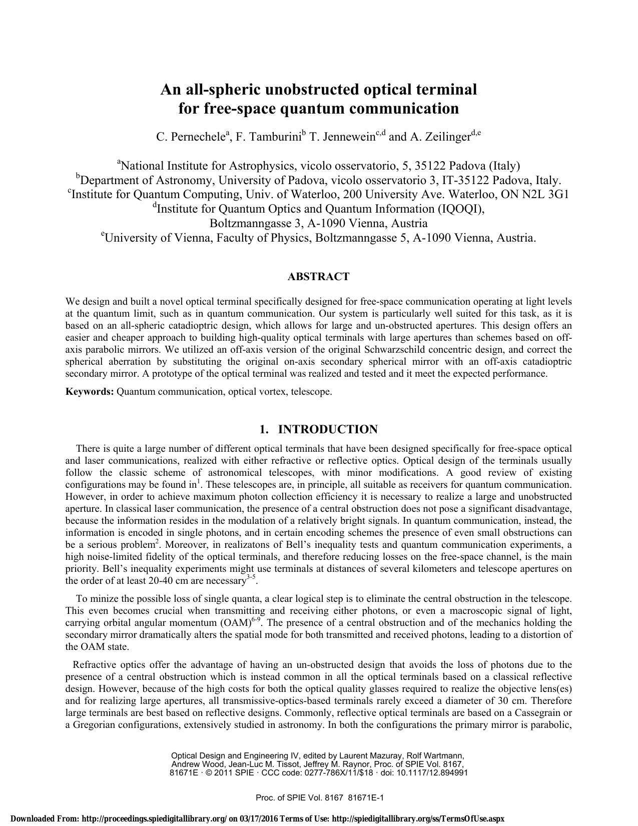 An all-spheric unobstructed optical terminal for free-space quantum communication