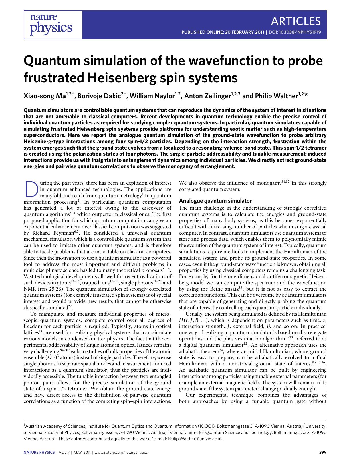 Quantum simulation of the wavefunction to probe frustrated Heisenberg spin systems