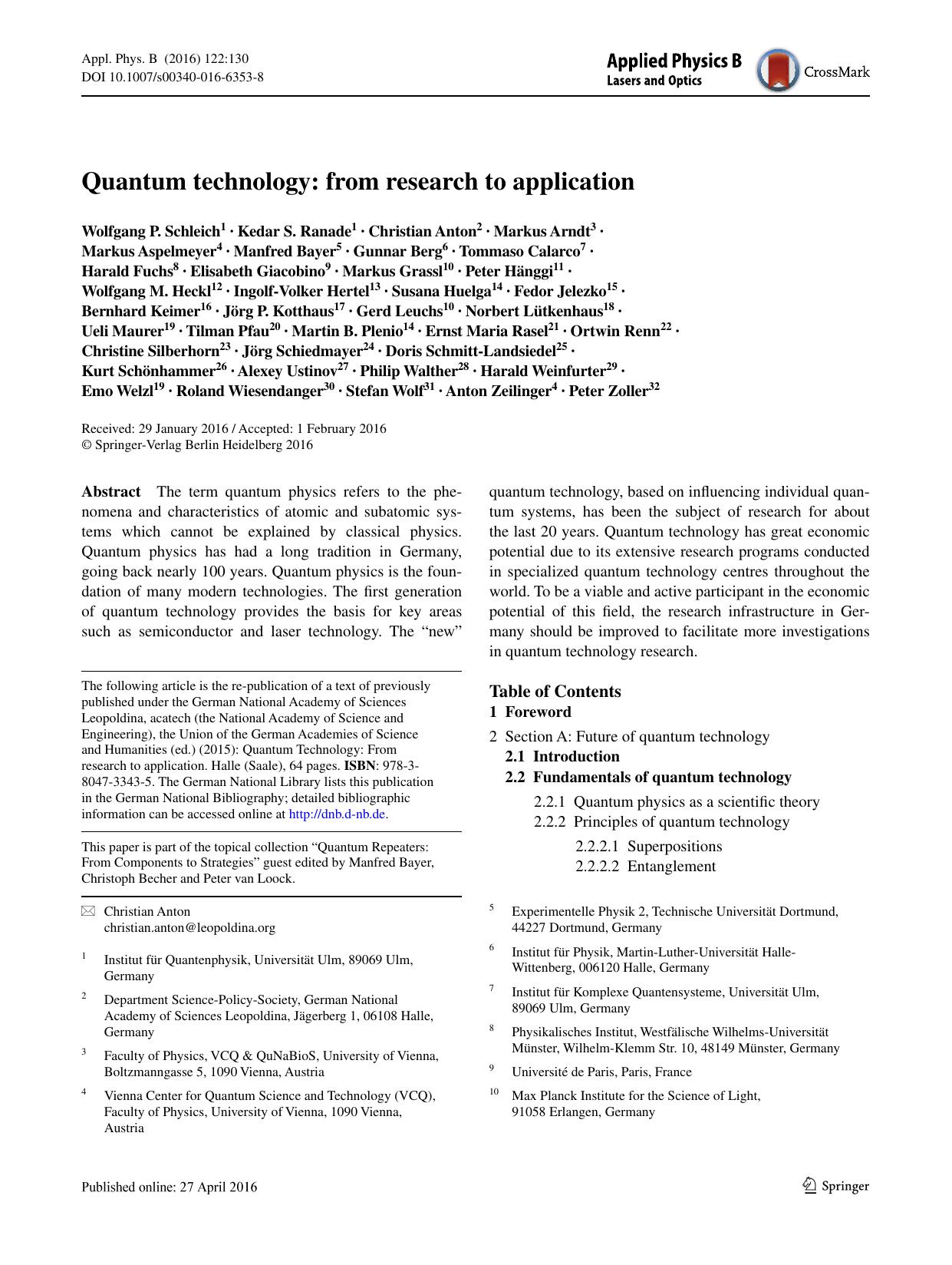 Quantum technology: from research to application