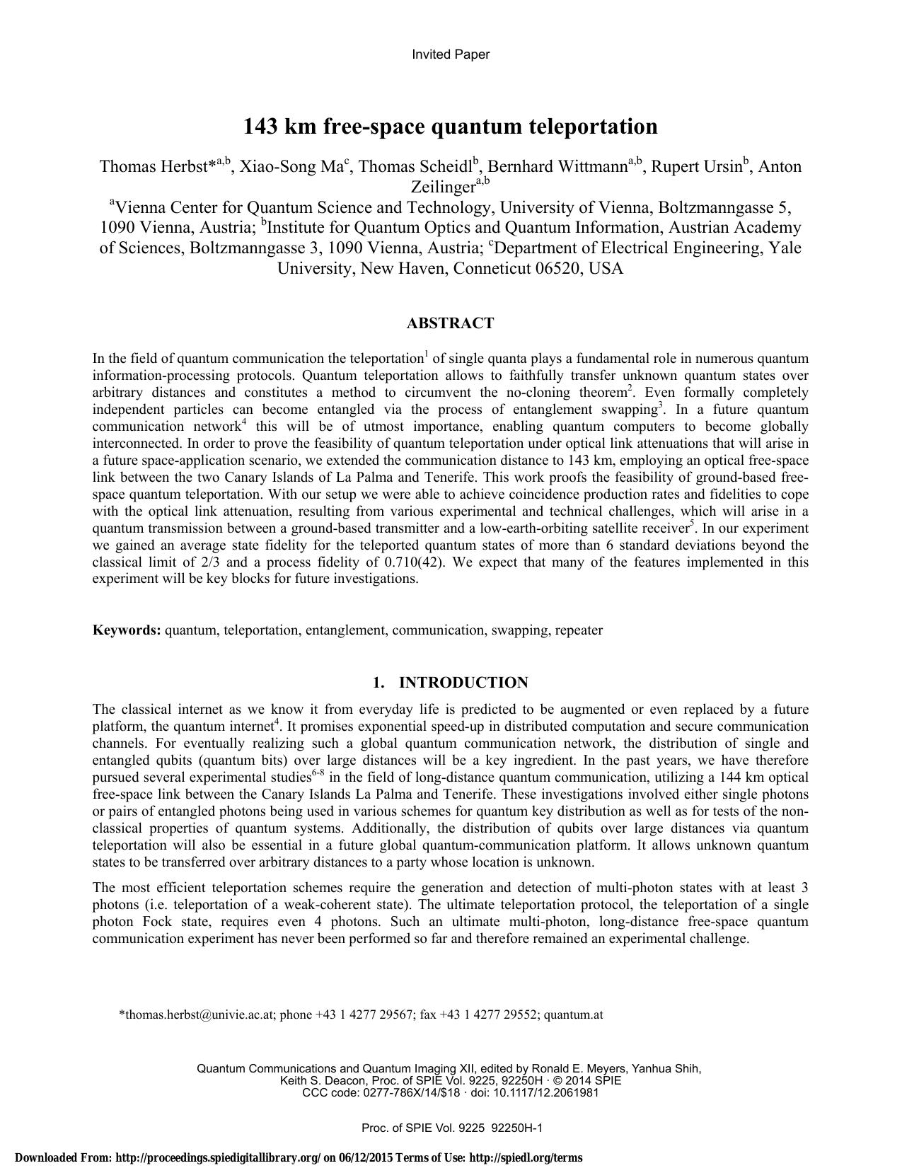 143 km Free-space Quantum Teleportation (2014)