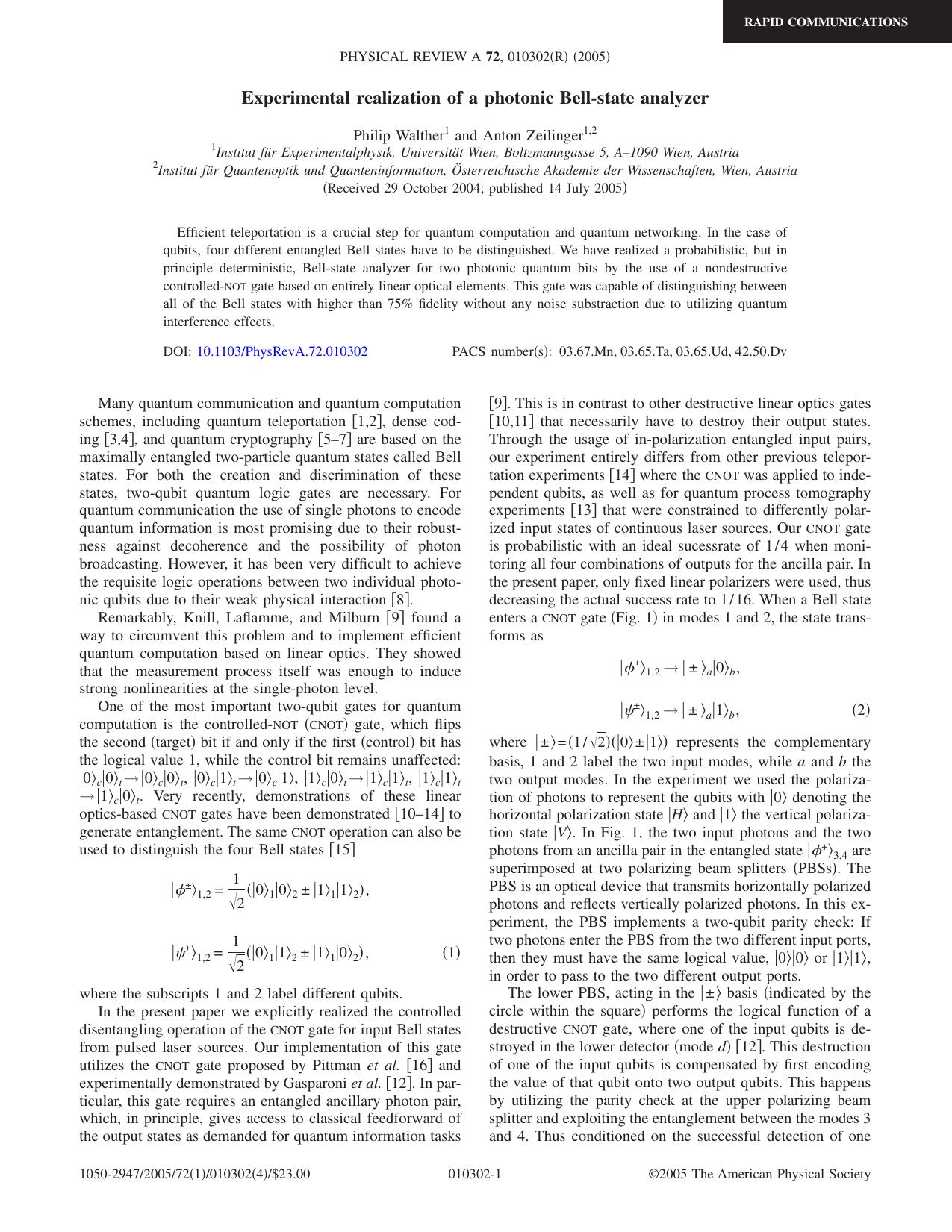 Experimental realization of a photonic Bell-state analyzer (2005)