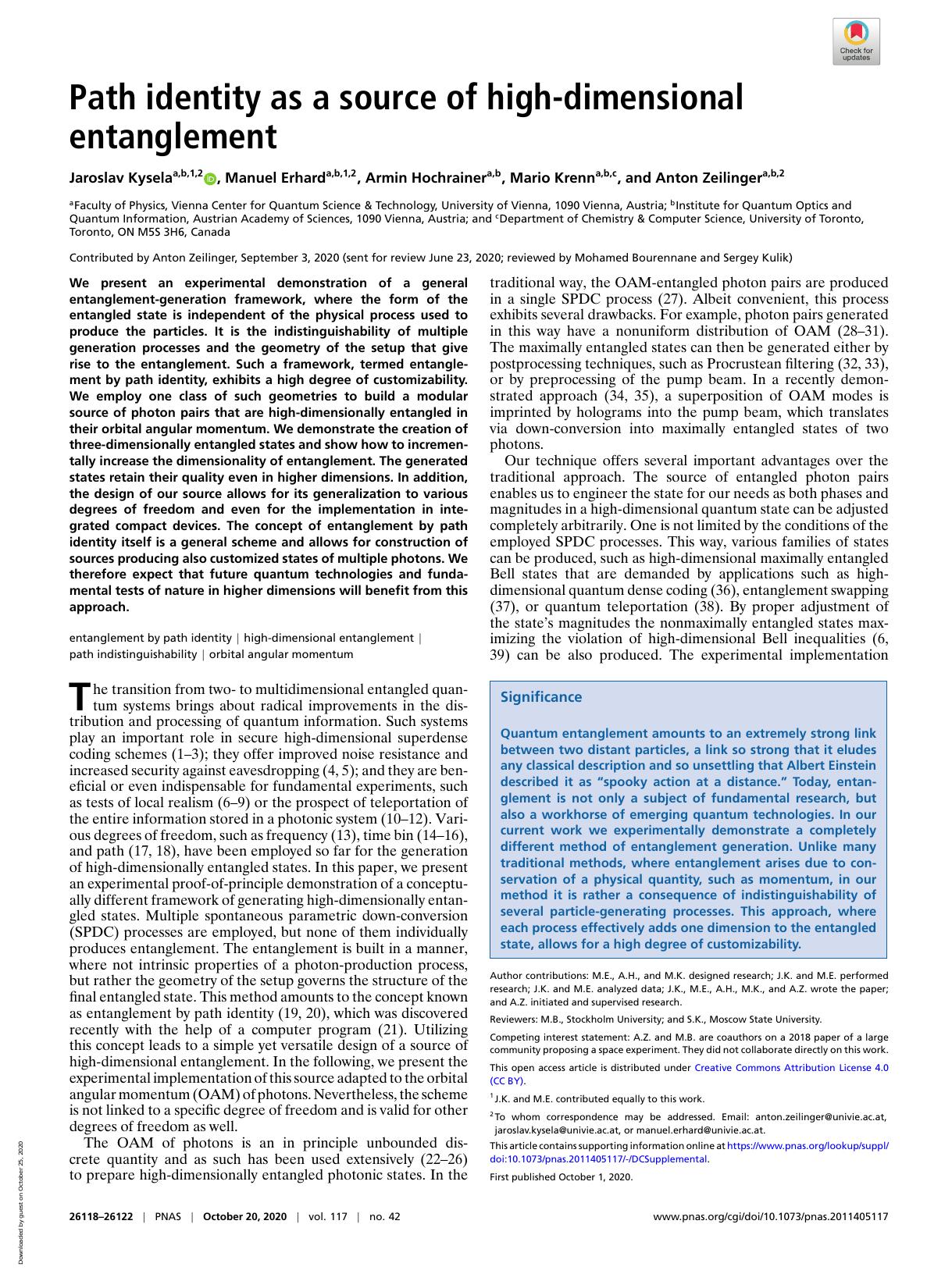 Path identity as a source of high-dimensional entanglement (2020)