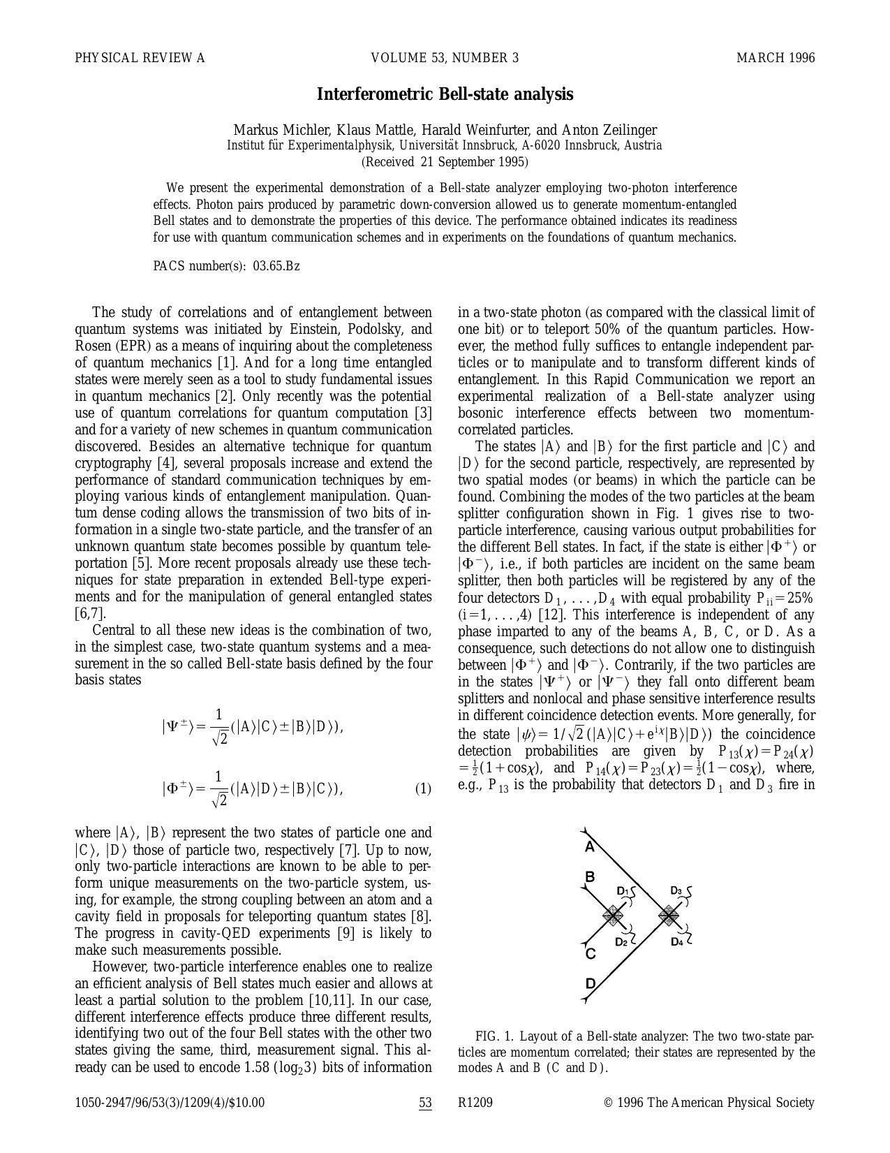 Interferometric Bell-state analysis (1996)