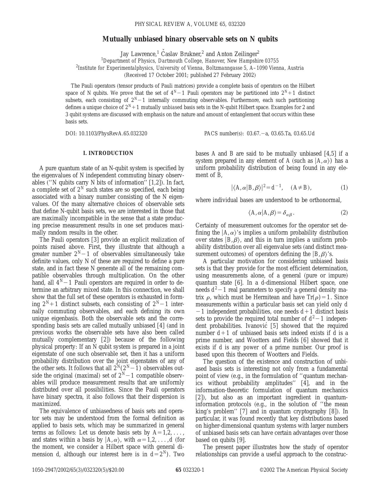 Mutually unbiased binary observable sets on N qubits (2002)