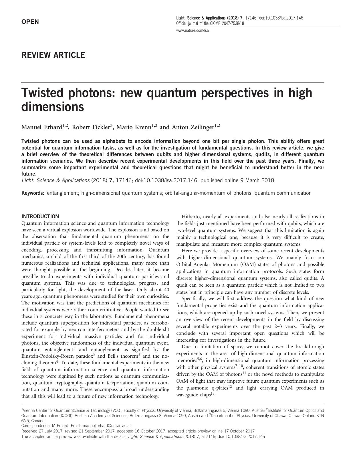 Twisted photons: new quantum perspectives in high dimensions