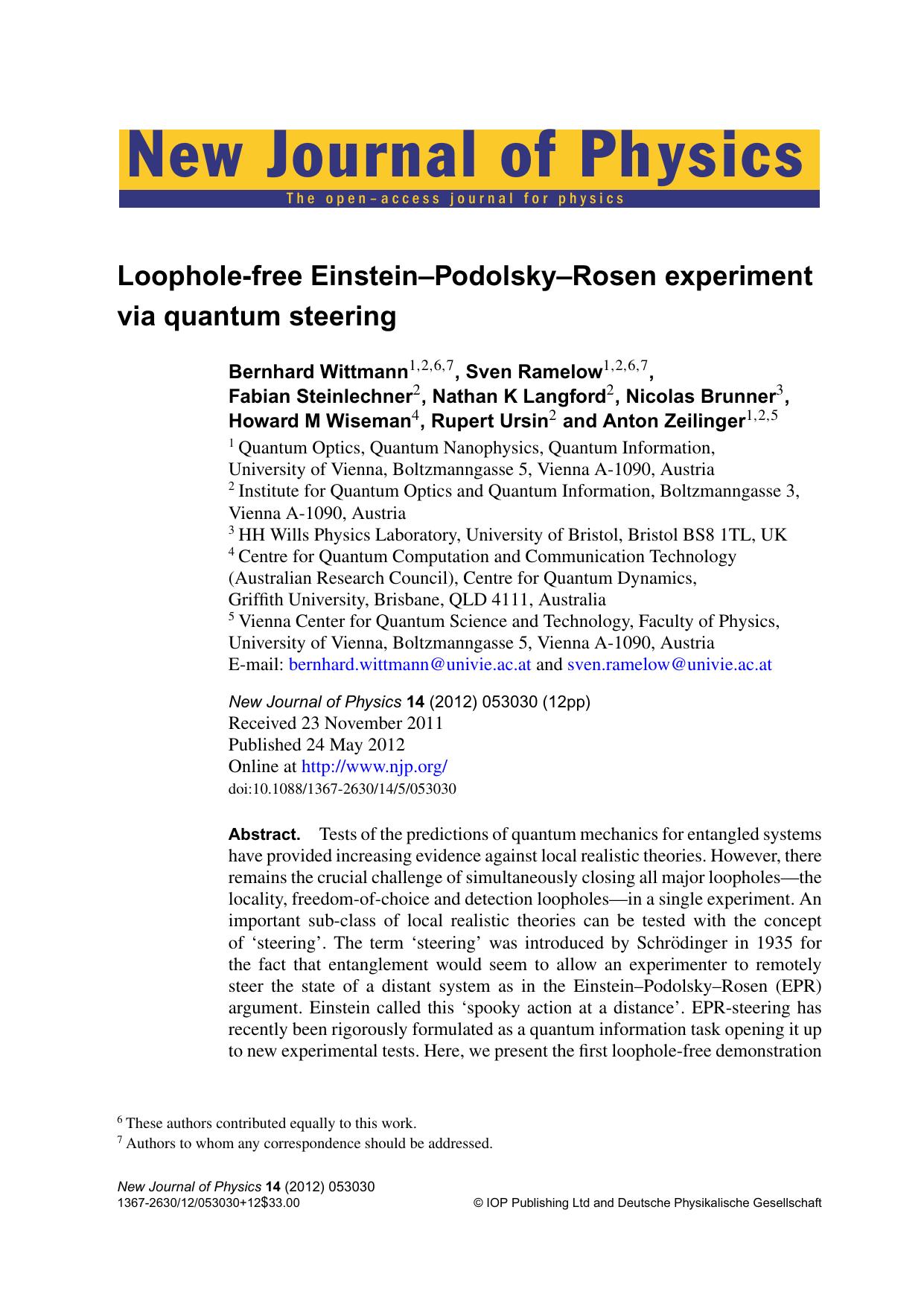 Loophole-free Einstein–Podolsky–Rosen experiment via quantum steering (2012)