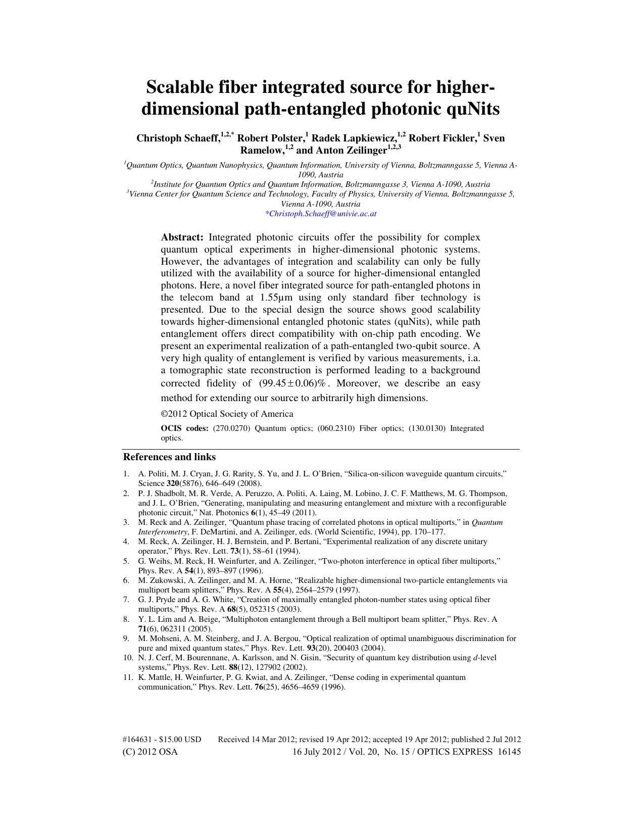 Scalable fiber integrated source for higher-dimensional path-entangled... (2012)