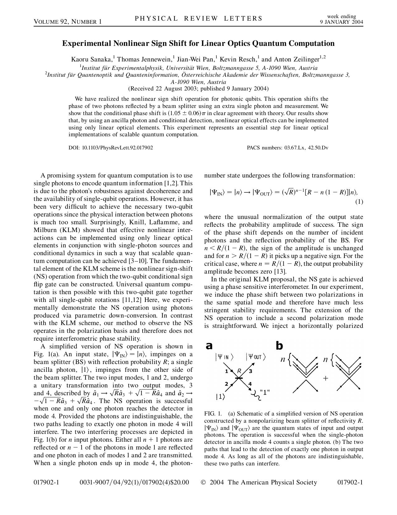 Experimental Nonlinear Sign Shift for Linear Optics Quantum Computation (2004)