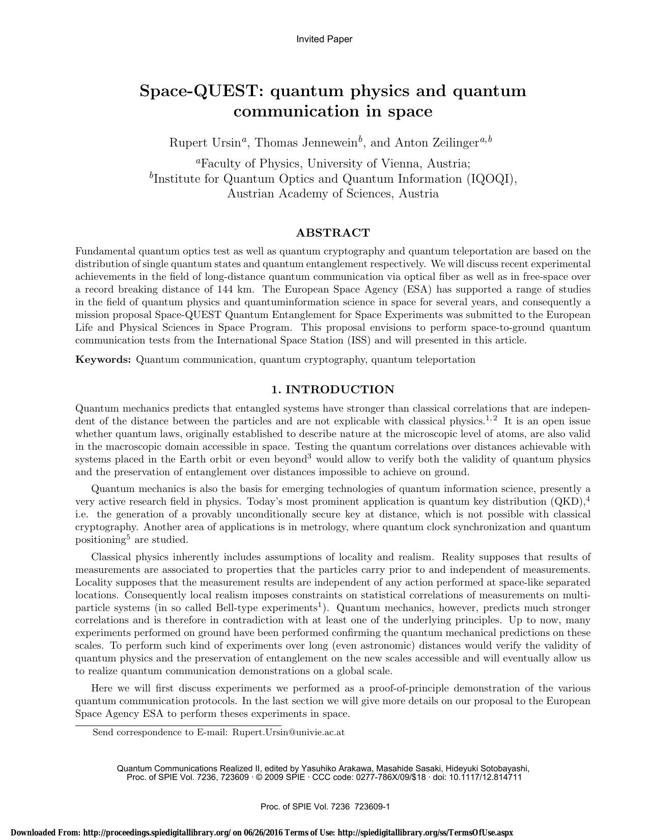 Space-QUEST: quantum physics and quantum communication in space