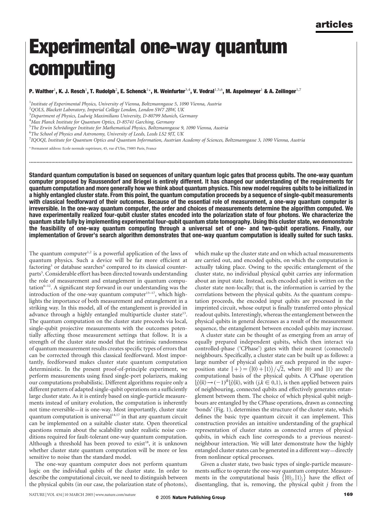 Experimental one-way quantum computing (2005)