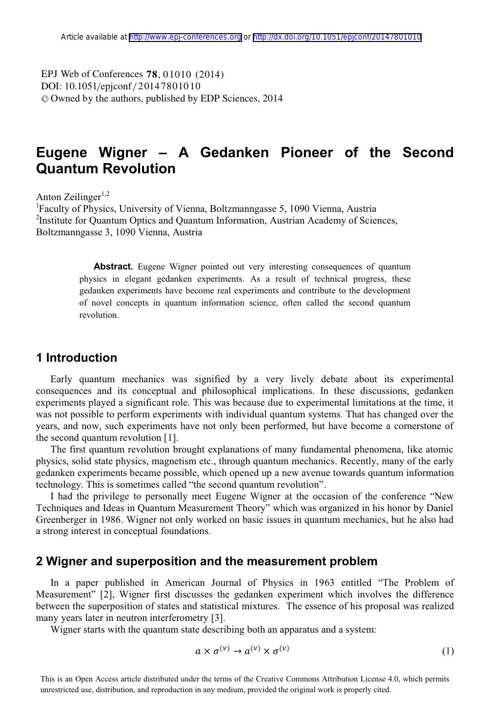 Eugene Wigner – A Gedanken Pioneer of the Second Quantum Revolution