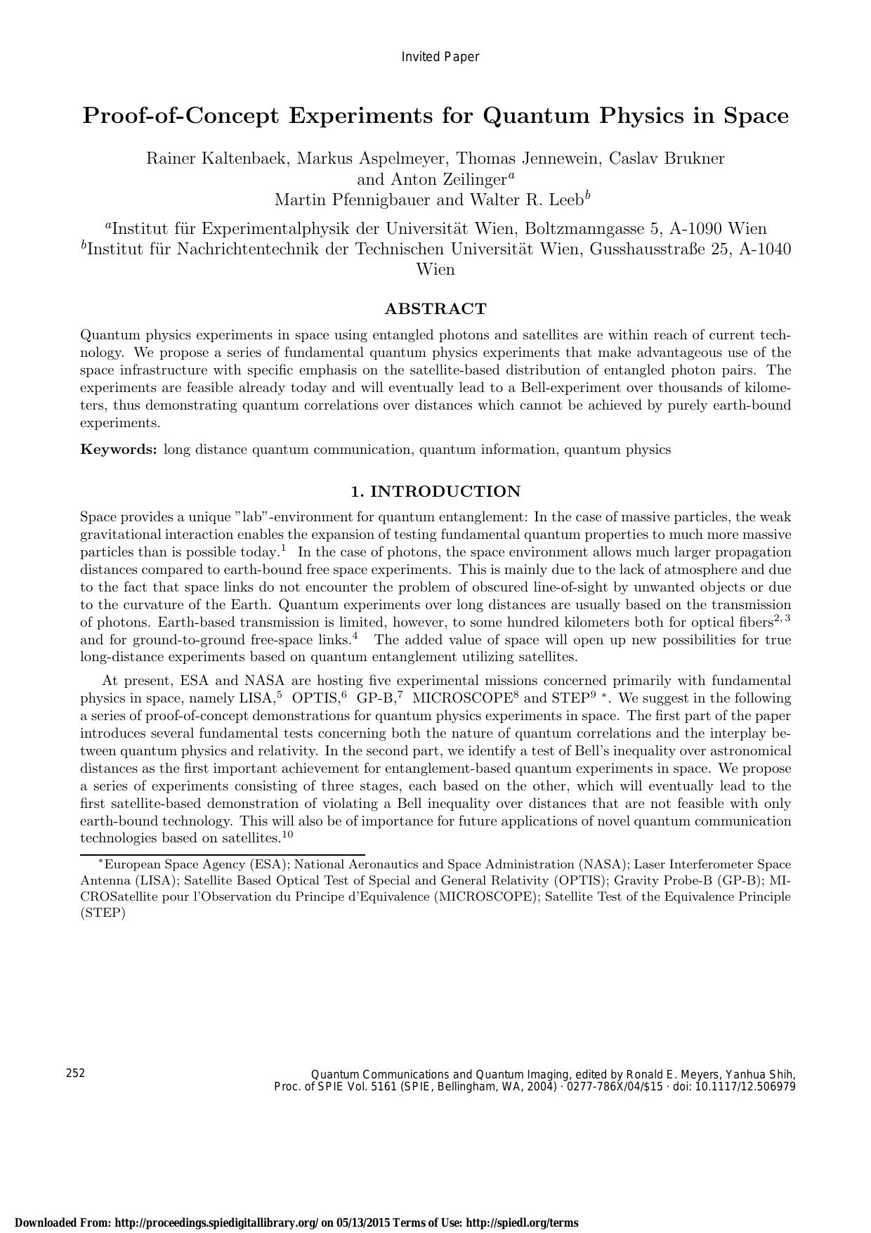 Proof-of-Concept Experiments for Quantum Physics in Space (2004)