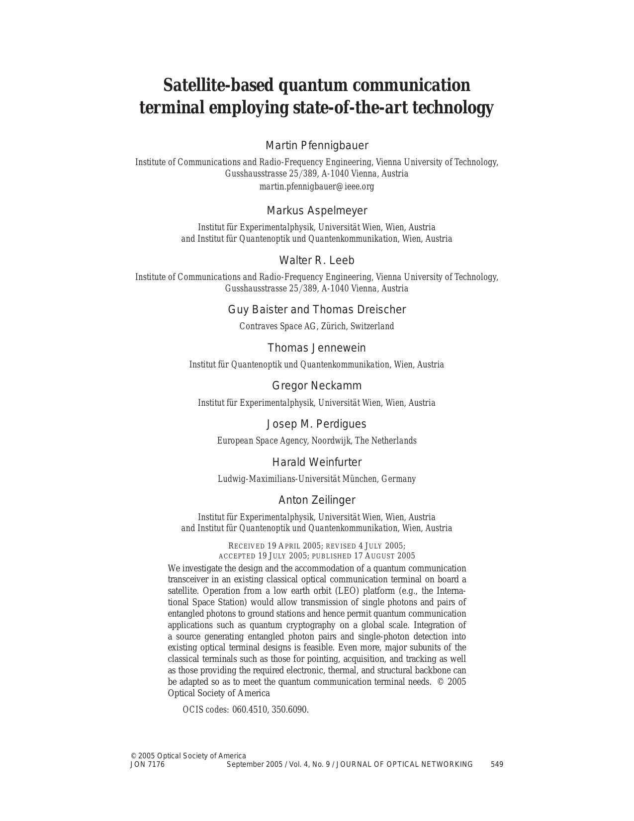 Satellite-based quantum communication terminal employing... (2005)