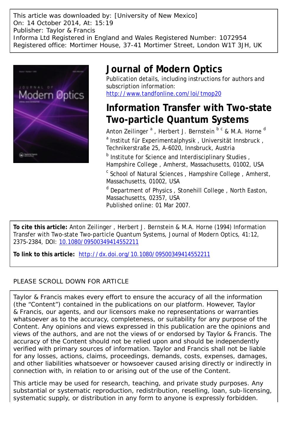 Information Transfer with Two-state Two-particle Quantum Systems (1994)