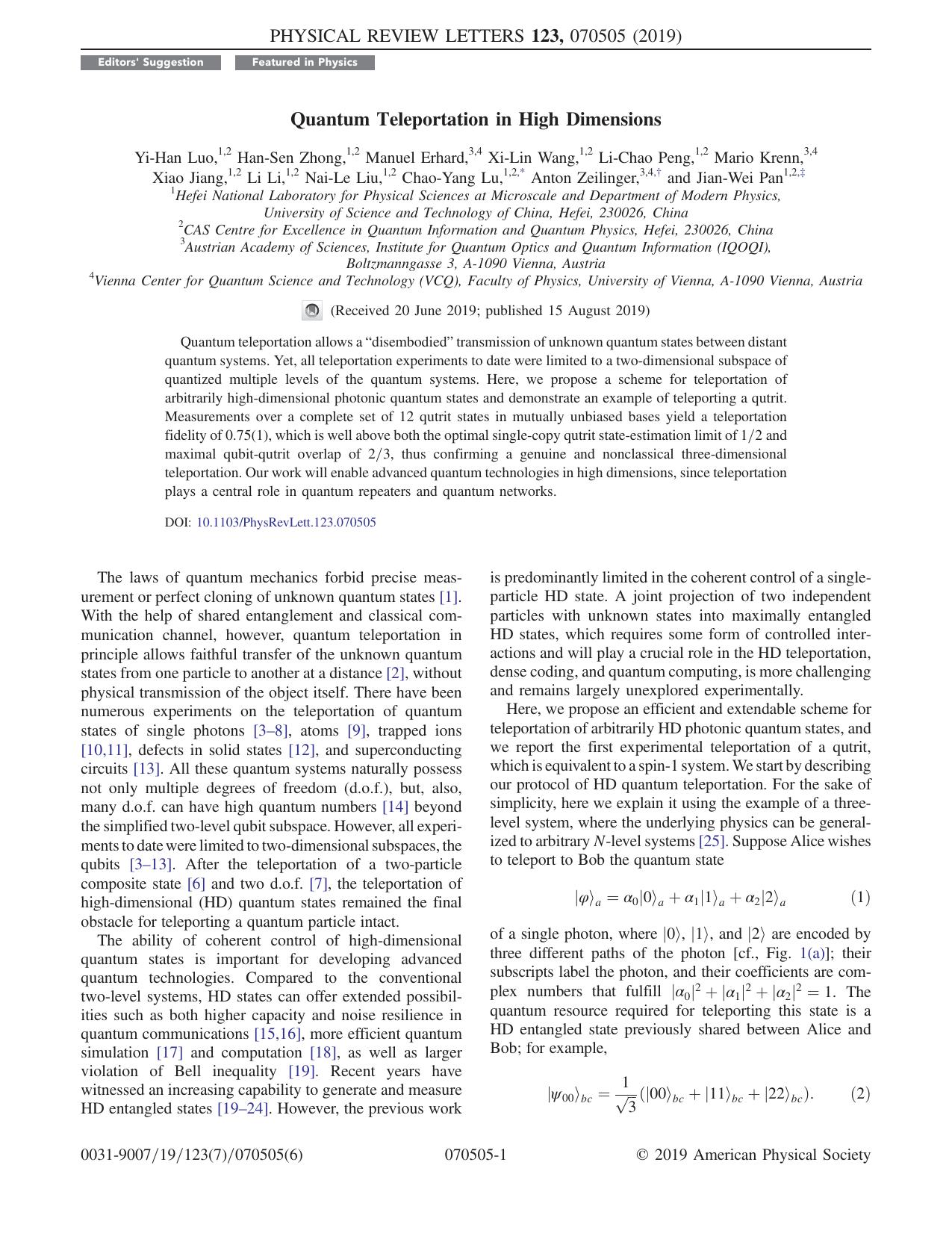 Quantum Teleportation in High Dimensions