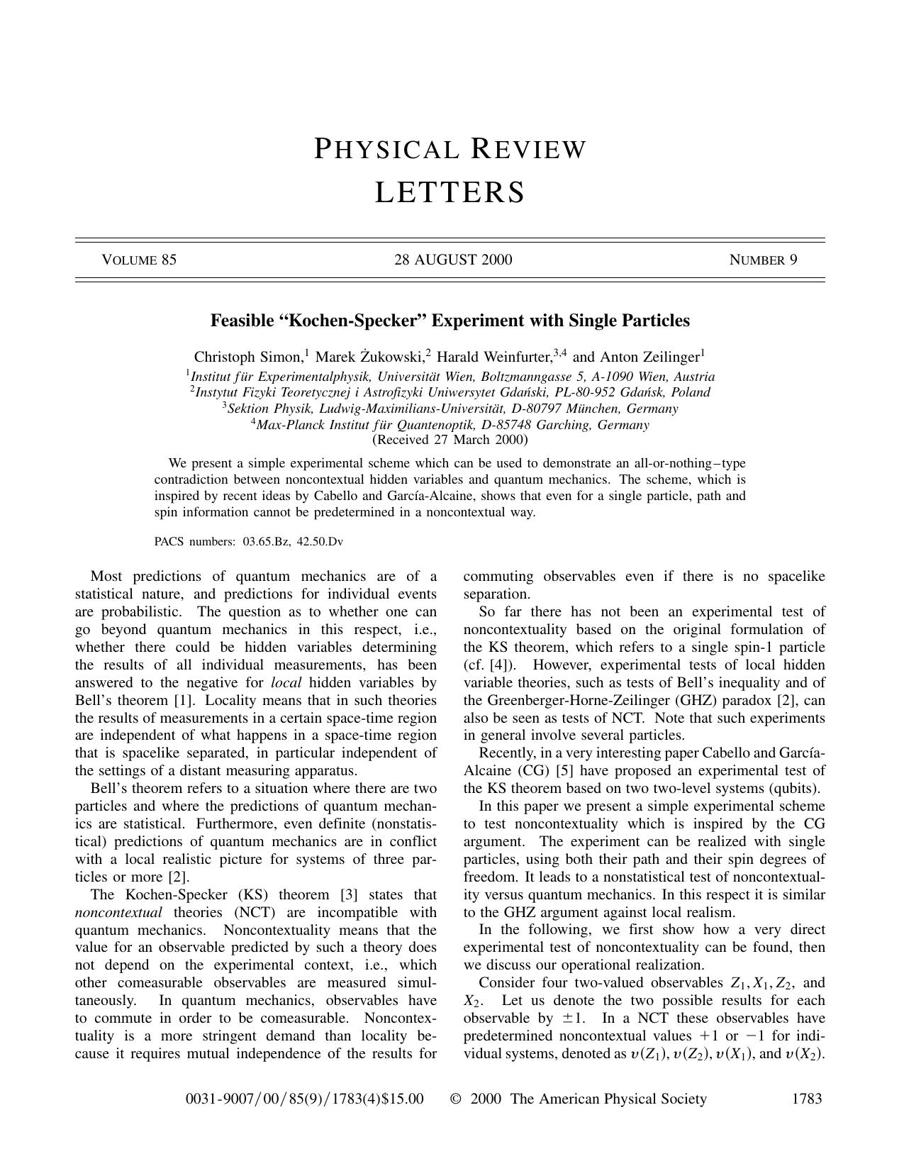 Feasible “Kochen-Specker” Experiment with Single Particles (2000)