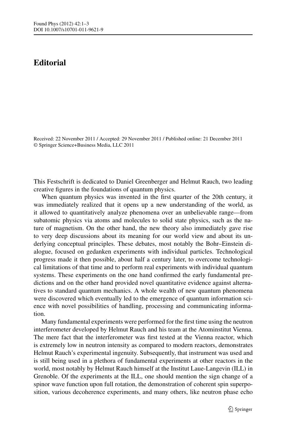 Editorial to Festschrift for Daniel Greenberger and Helmut Rauch (2012)