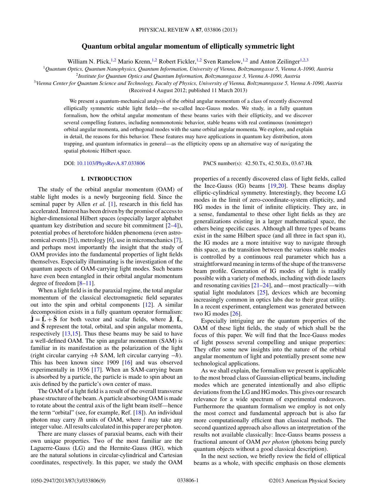 Quantum orbital angular momentum of elliptically symmetric light (2013)