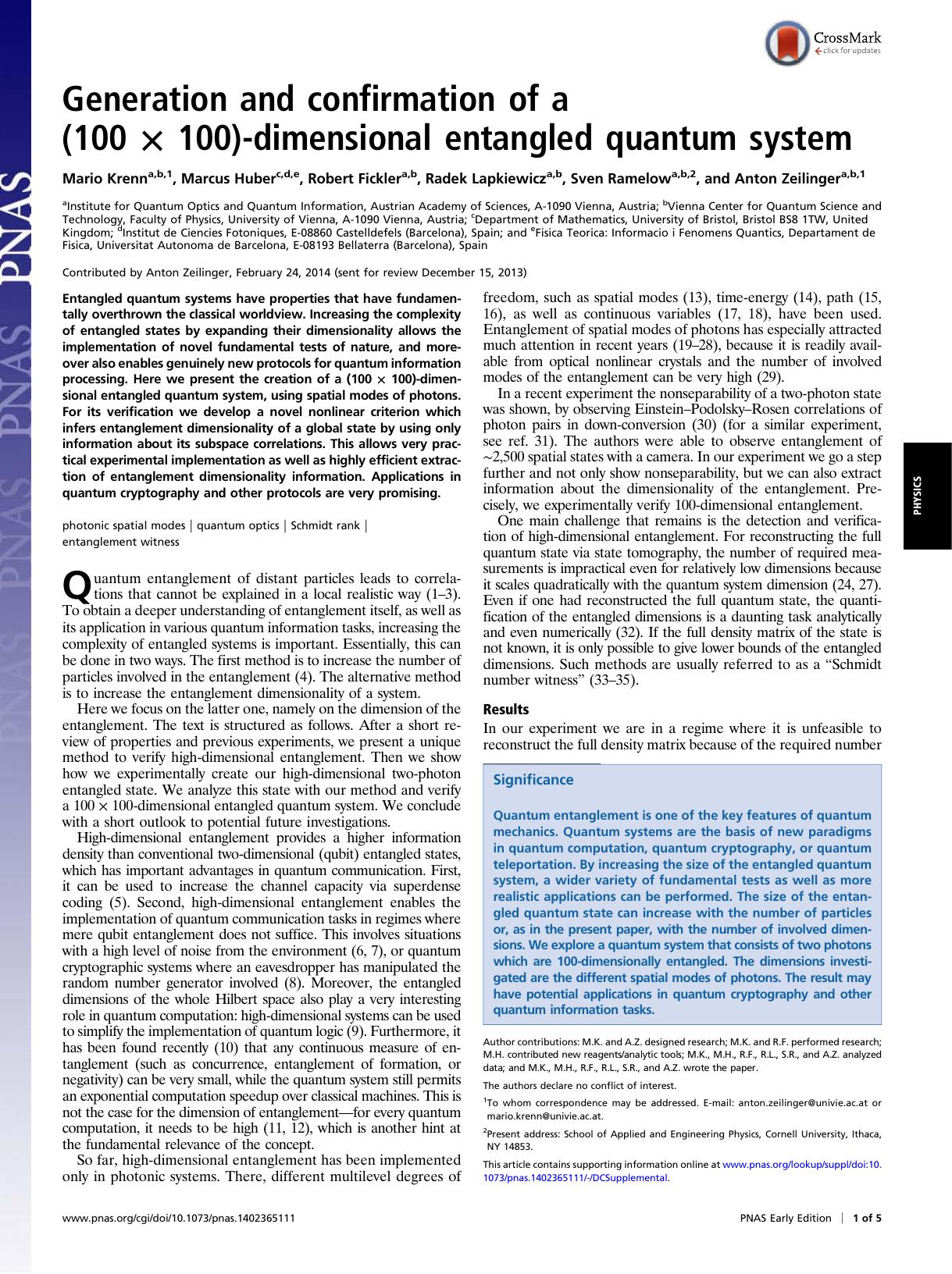 Generation and Confirmation of a (100x100)-dimensional entangled quantum system (2014)