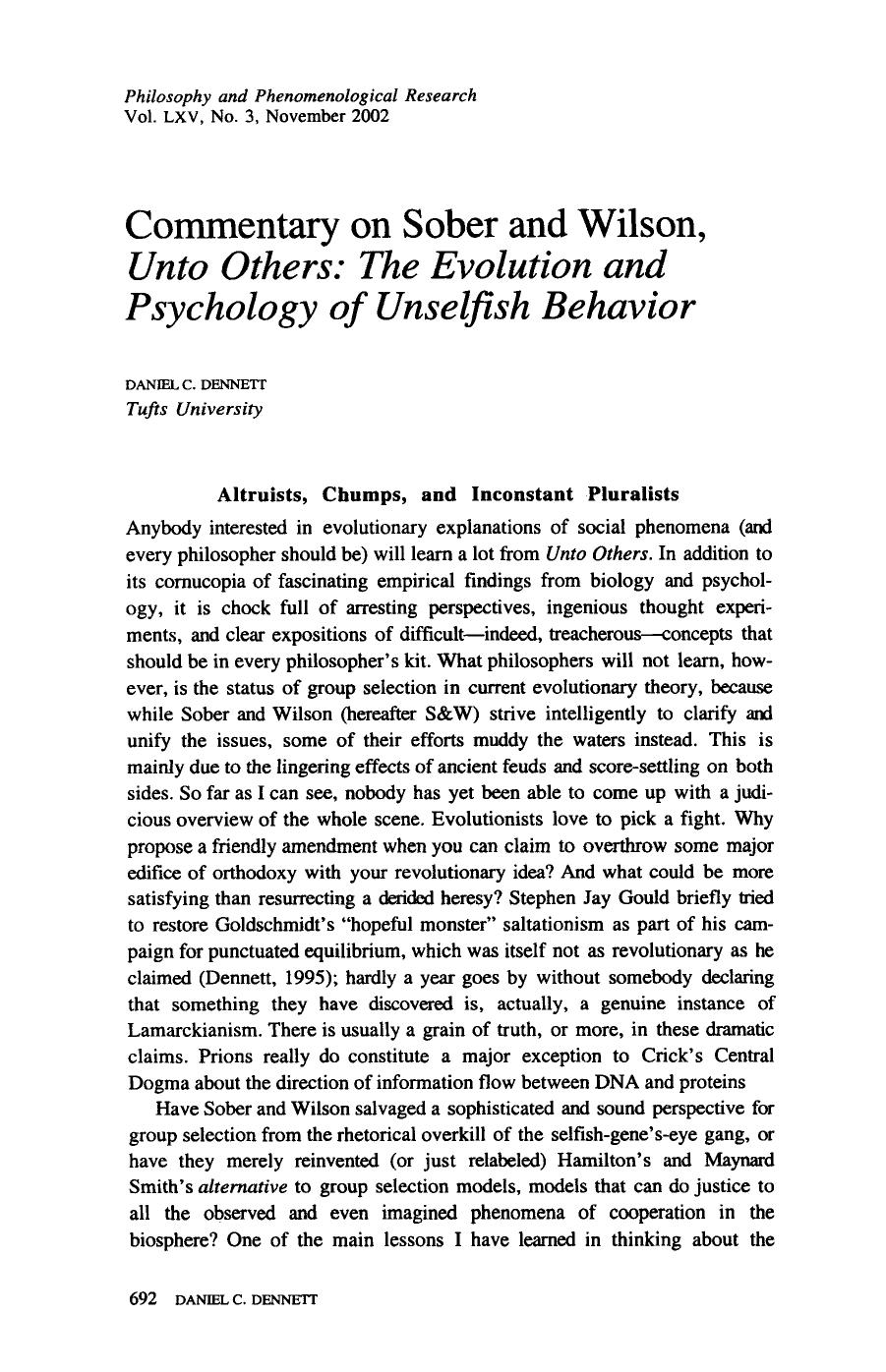 Commentary on Sober and Wilson, Unto Others: The Evolution and Psychology of Unselfish Behavior