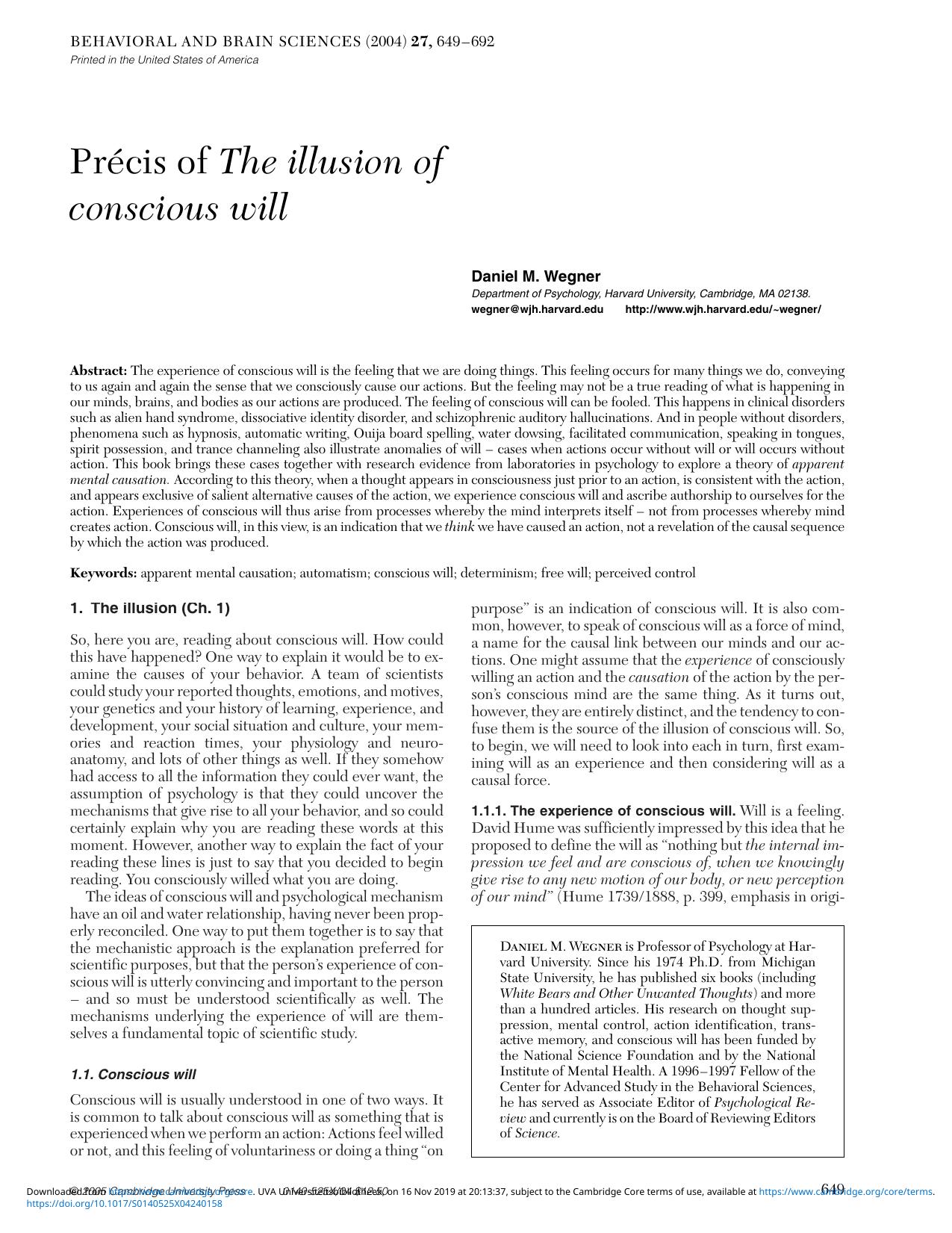 Pr&eacute;cis of The illusion of conscious will