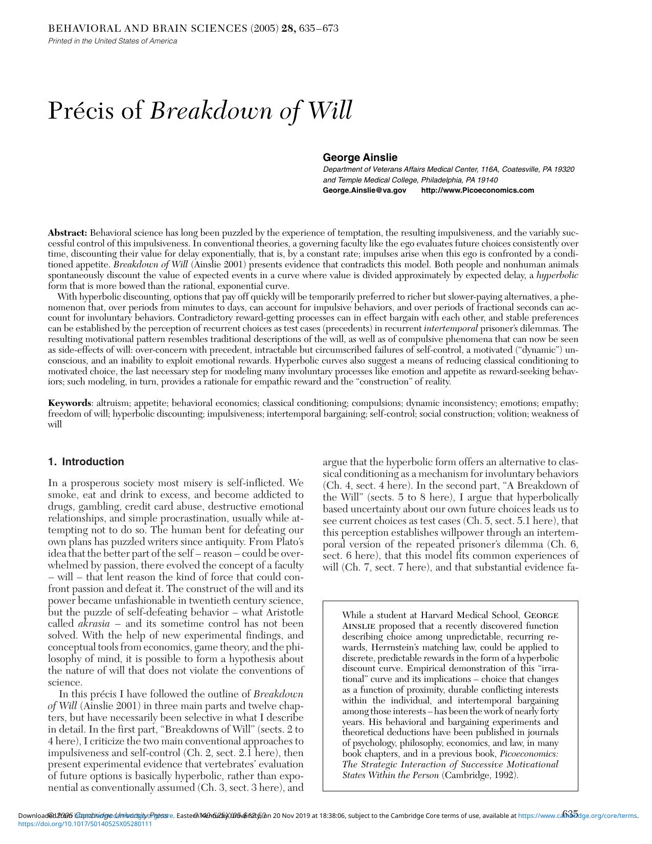 Pr&eacute;cis of Breakdown of Will