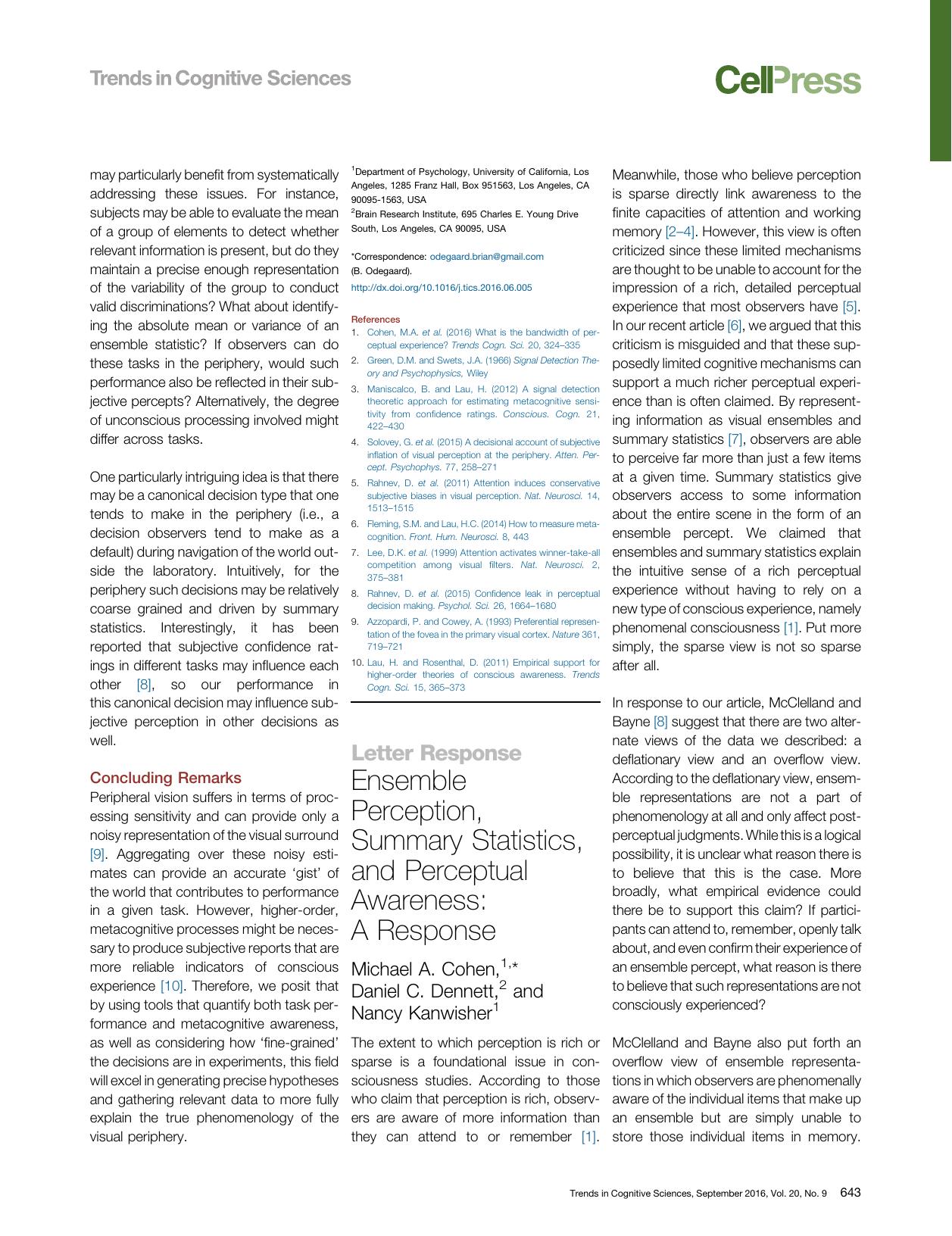 Ensemble Perception, Summary Statistics, and Perceptual Awareness: A Response