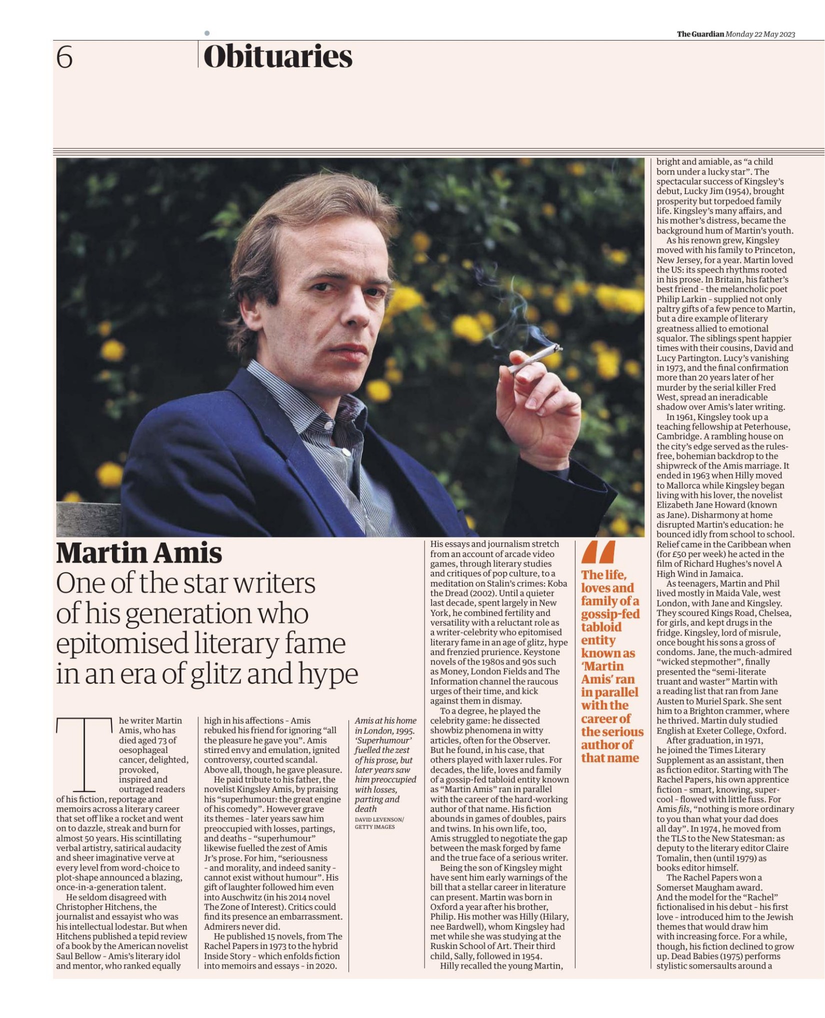 Obituary of Martin Amis (Guardian, 22 May 2023)