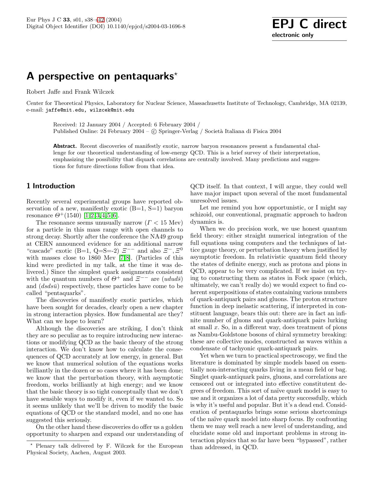 LNCS 1 - A perspective on pentaquarks