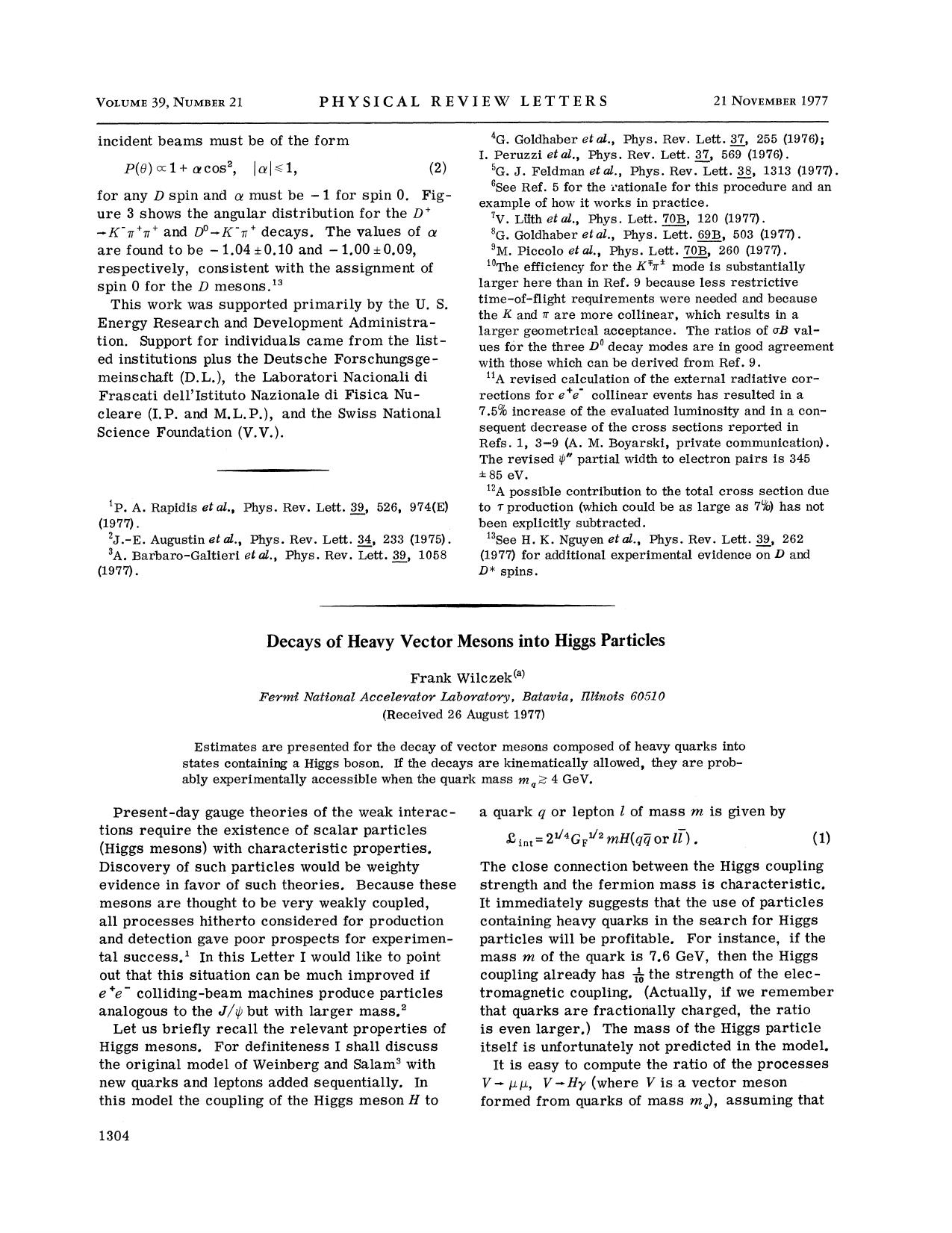 Decays of Heavy Vector Mesons into Higgs Particles