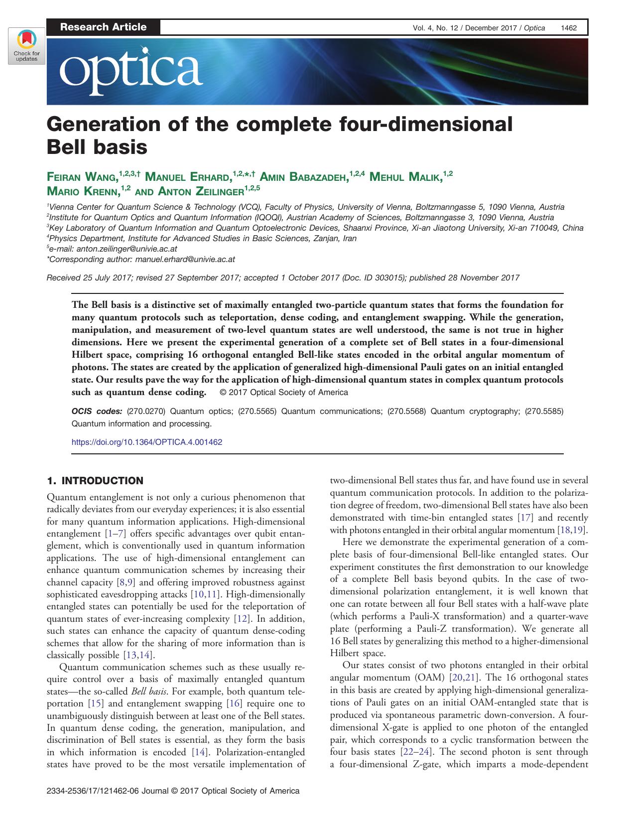 Generation of the complete four-dimensional Bell basis