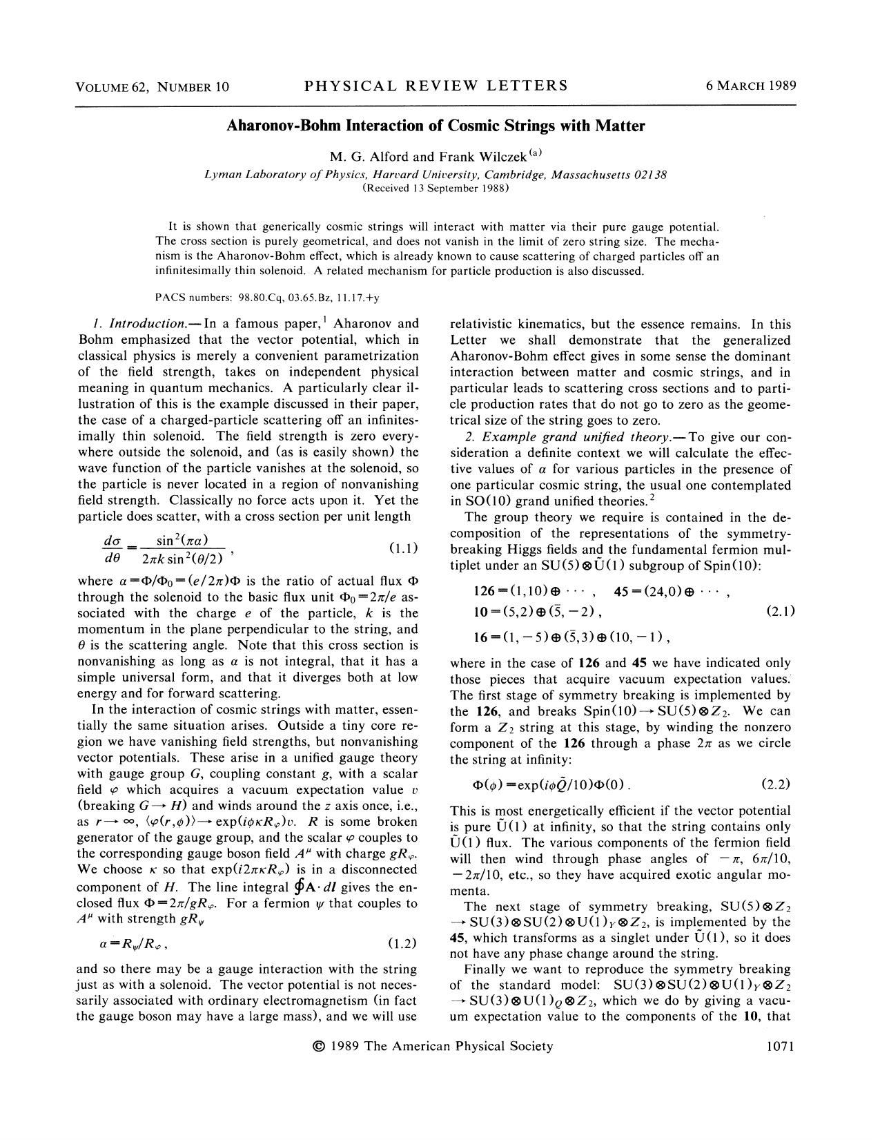 Aharonov-Bohm interaction of cosmic strings with matter