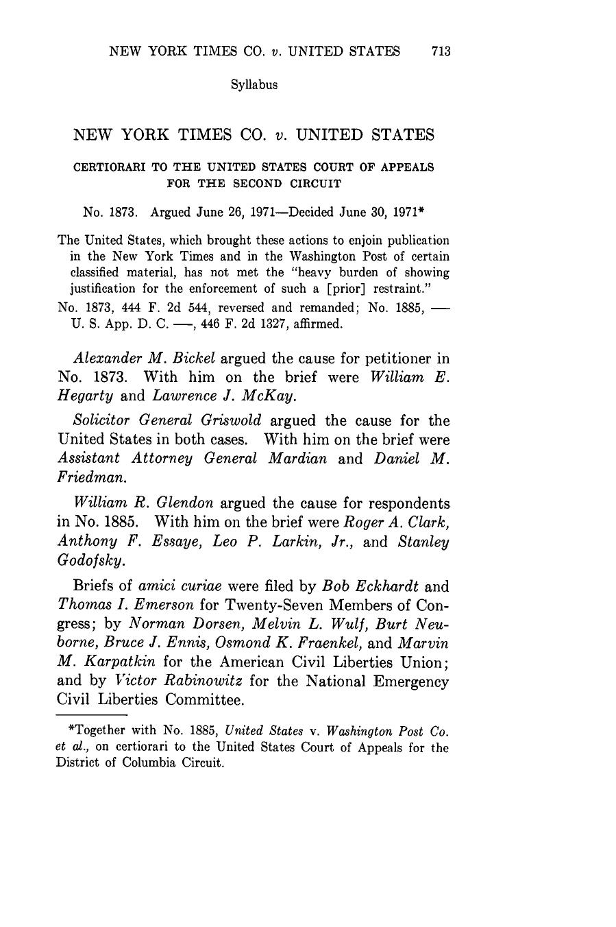 U.S. Reports: New York Times Co. v. United States, 403 U.S. 713 (1971).