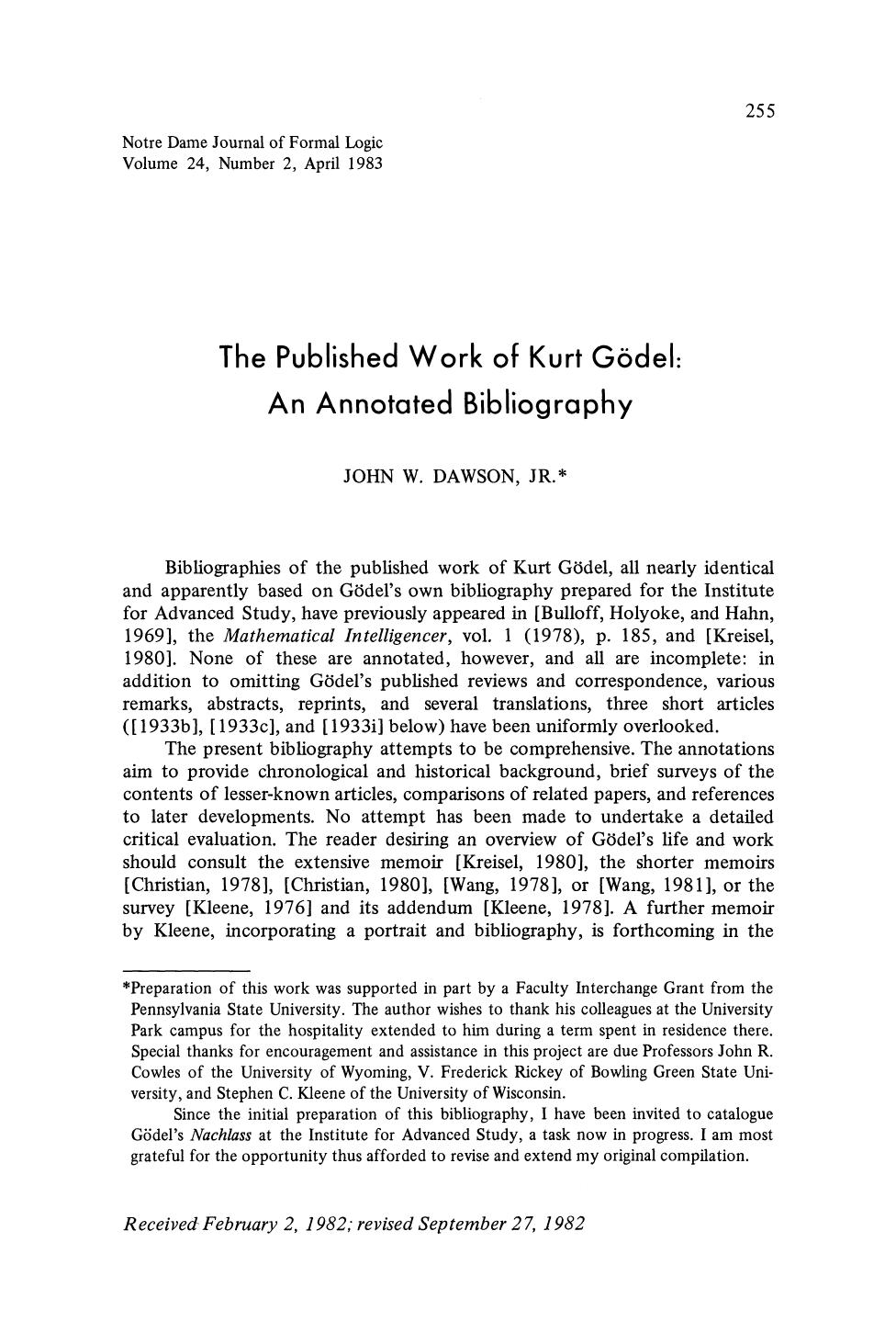 The Published Work of Kurt Gödel An Annotated Bibliography (1983)