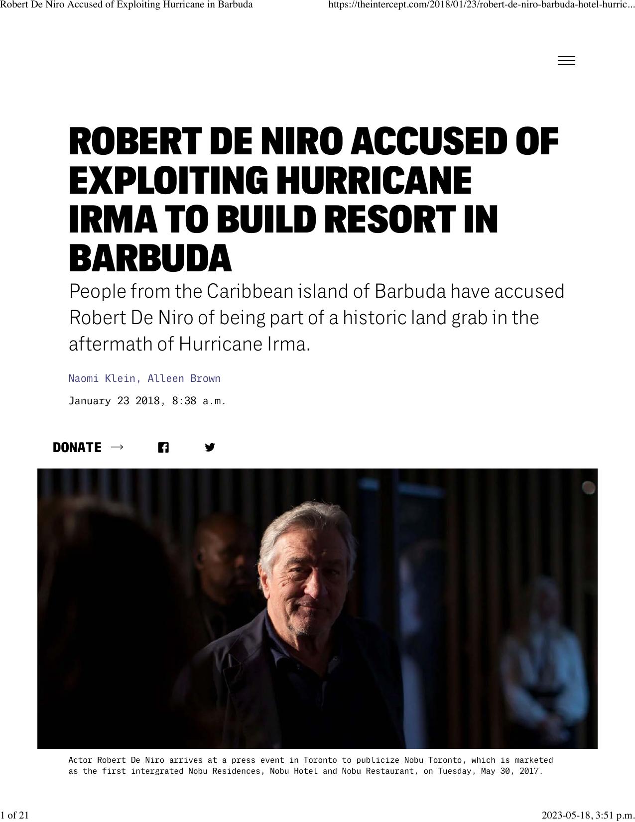 Robert De Niro Accused of Exploiting Hurricane in Barbuda