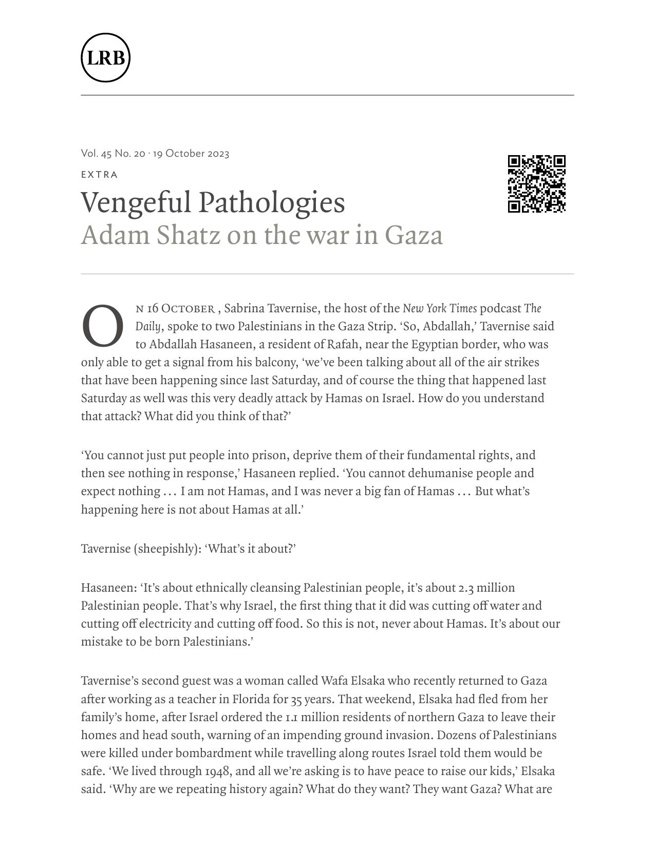 Adam Shatz · Vengeful Pathologies · LRB 20 October 2023