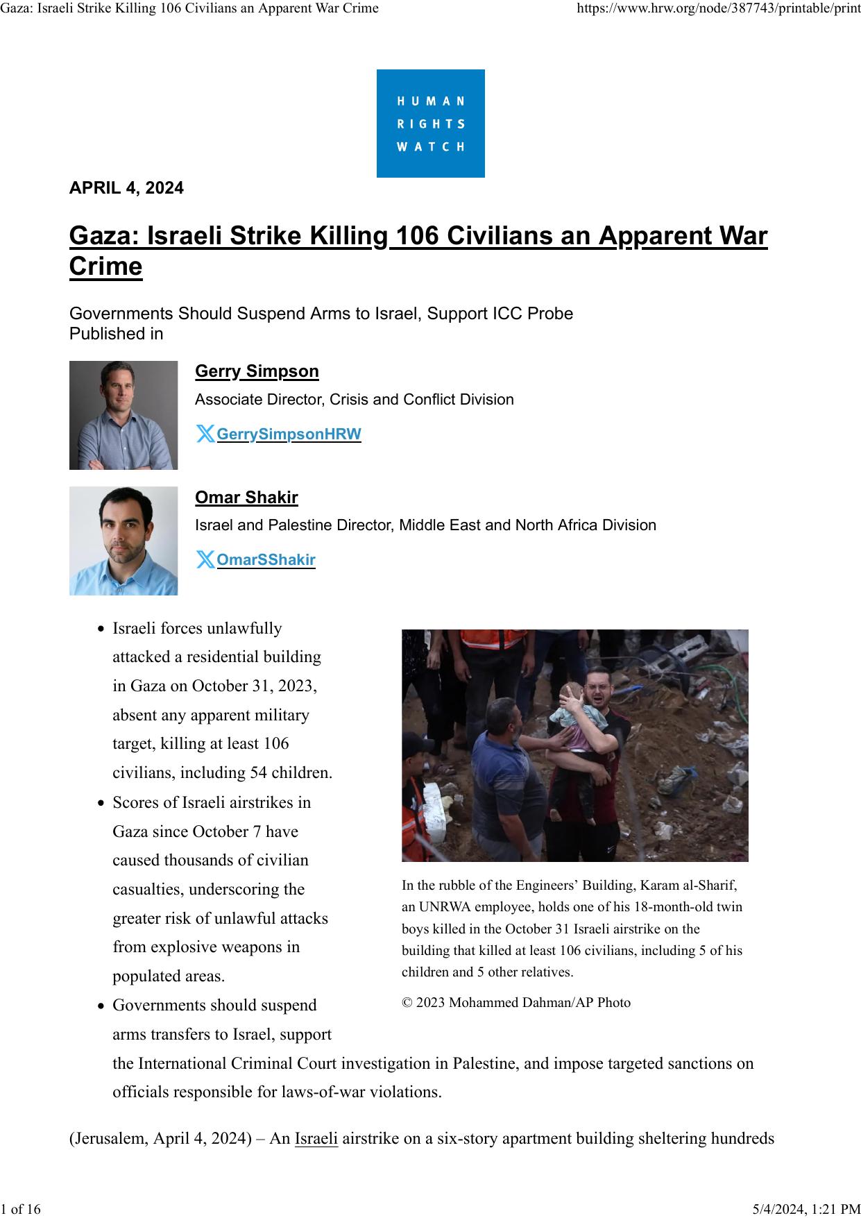 Gaza: Israeli Strike Killing 106 Civilians an Apparent War Crime