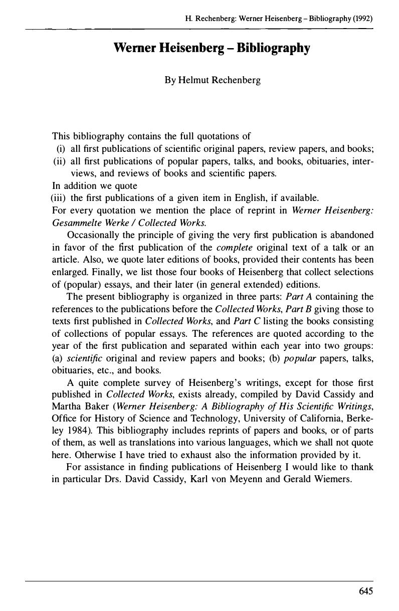 Rechenberg, Helmut [comp.] Werner Heisenberg Bibliography (1992)