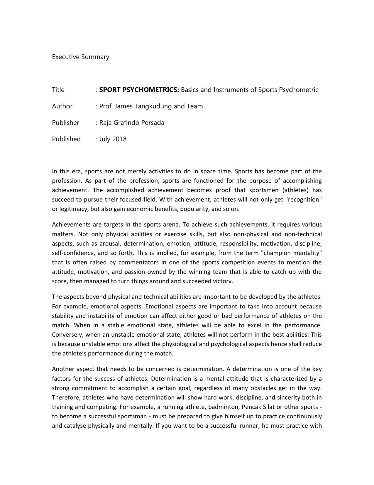 James Tangkudung Sport Psychometrics Basics And Instruments Of Sports Psychometric Executive Summary 1