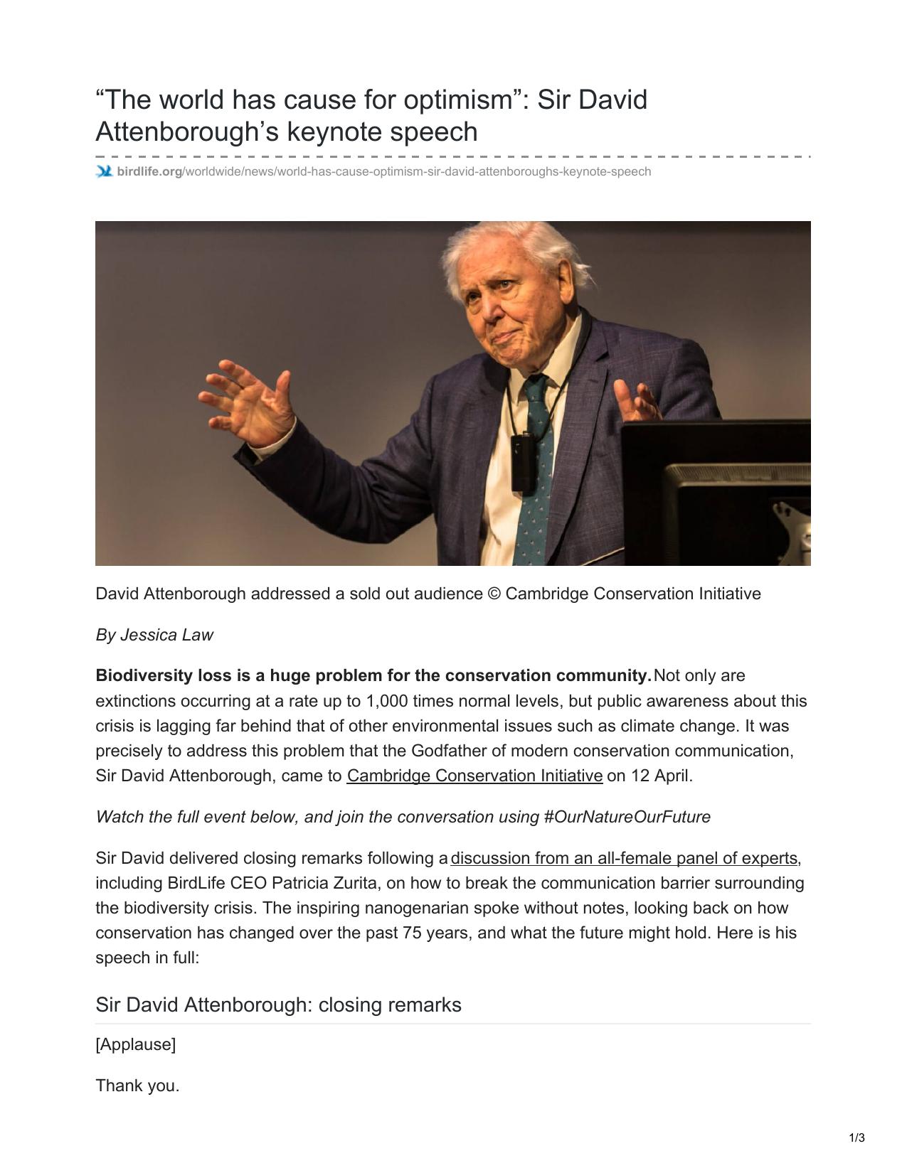 “The world has cause for optimism”: Sir David Attenborough’s keynote speech