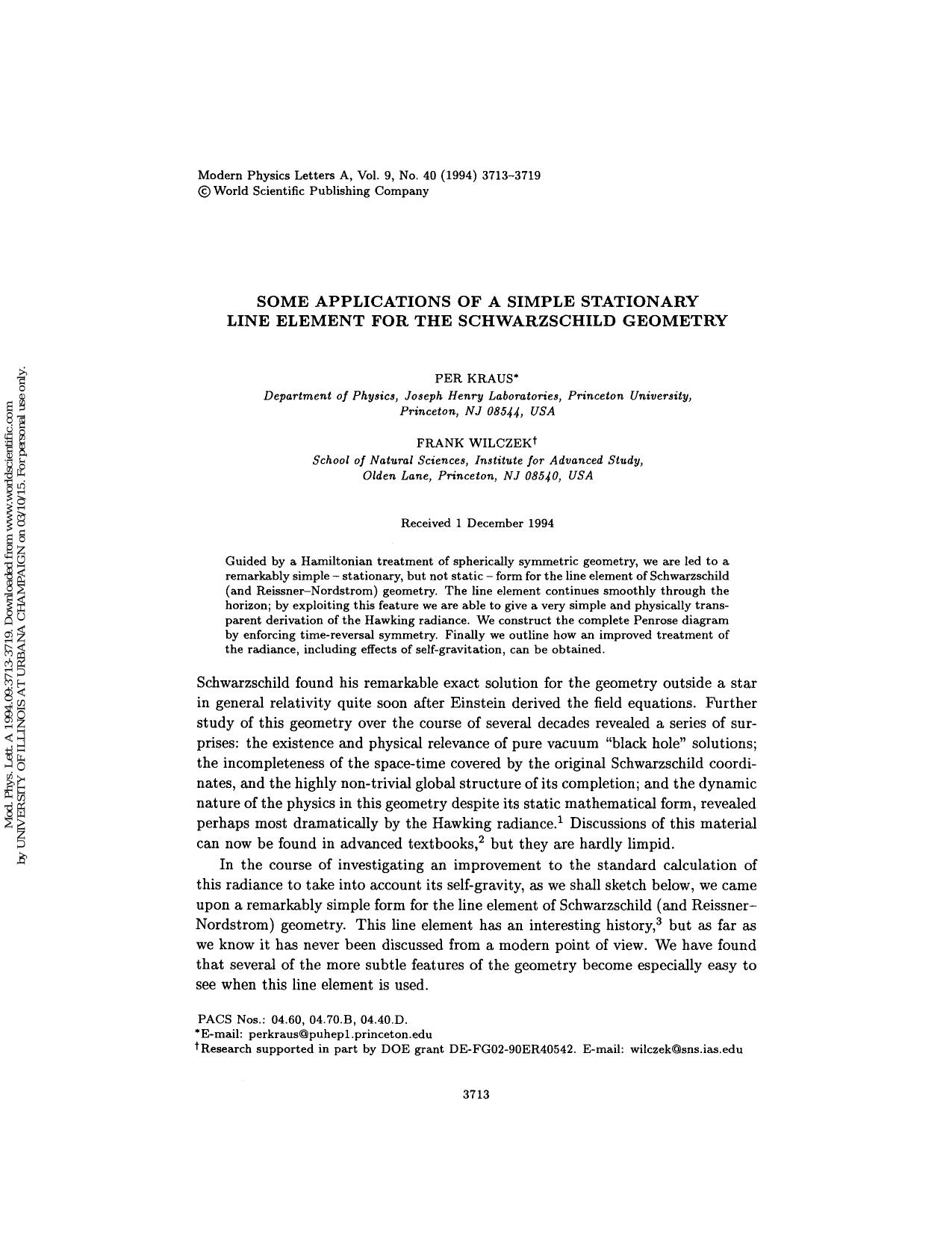 SOME APPLICATIONS OF A SIMPLE STATIONARY LINE ELEMENT FOR THE SCHWARZSCHILD GEOMETRY